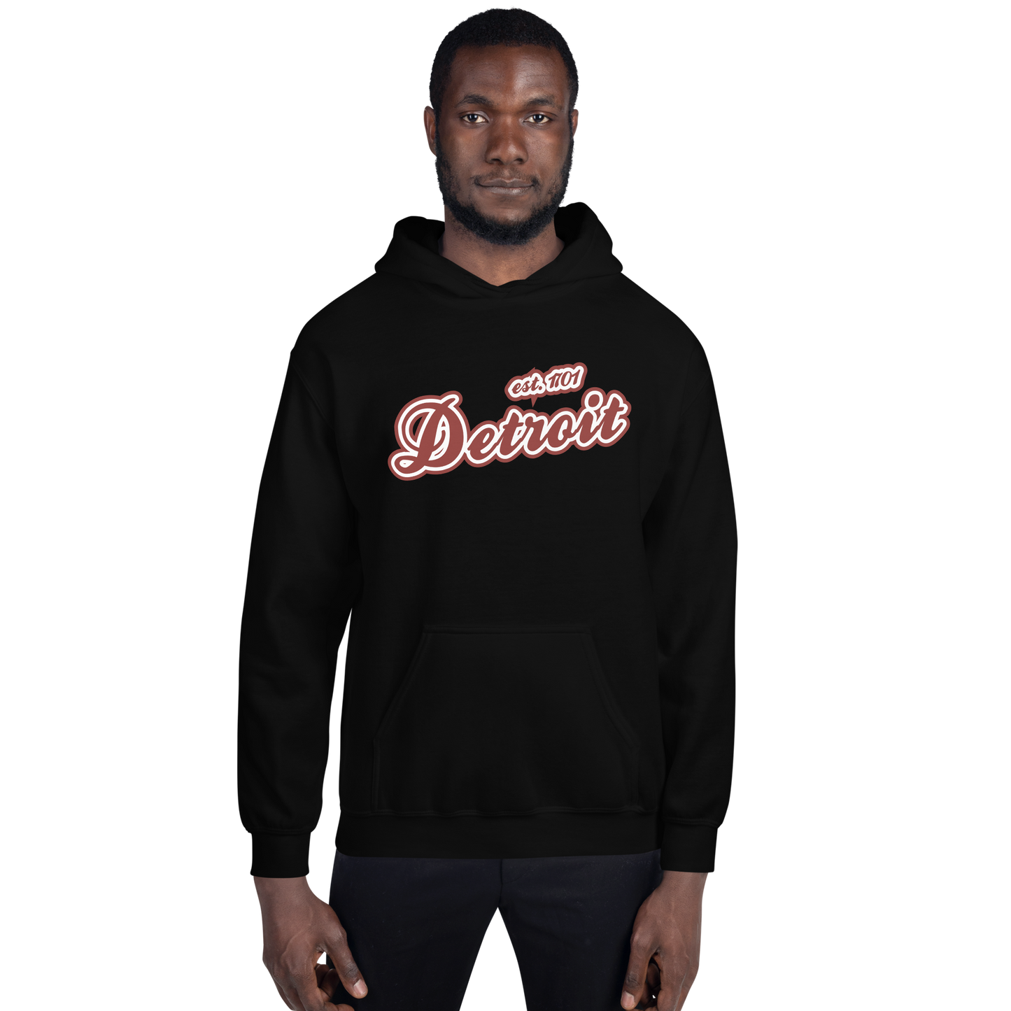 'Detroit EST. 1701' Hoodie (Ore Dock Red Script Font) | Unisex Standard