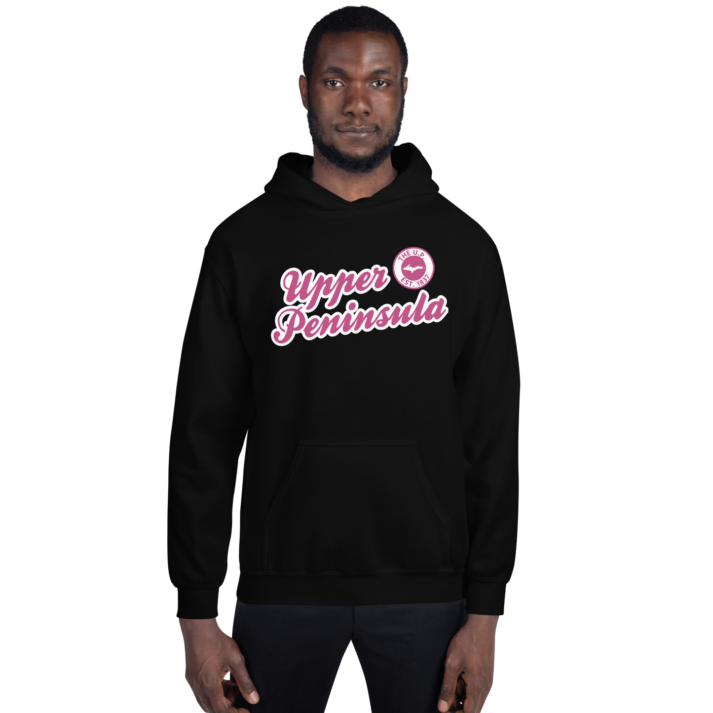 'Upper Peninsula EST. 1837' Hoodie (Apple Blossom Pink Script Font) | Unisex Standard