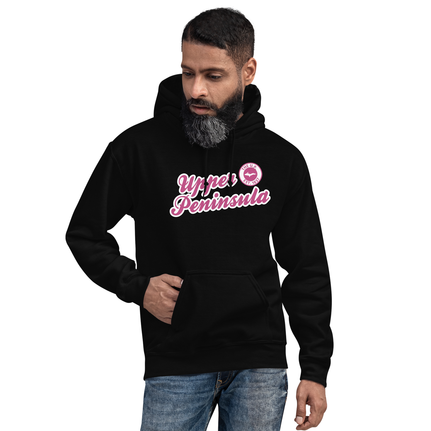 'Upper Peninsula EST. 1837' Hoodie (Apple Blossom Pink Script Font) | Unisex Standard