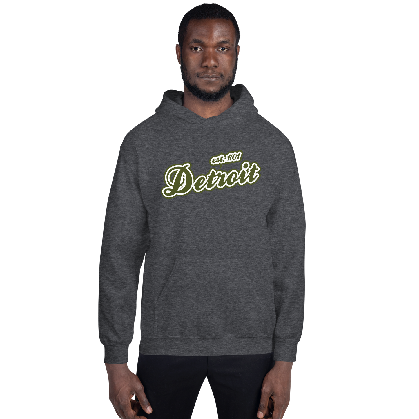 'Detroit EST. 1701' Hoodie (Army Green Script Font) | Unisex Standard