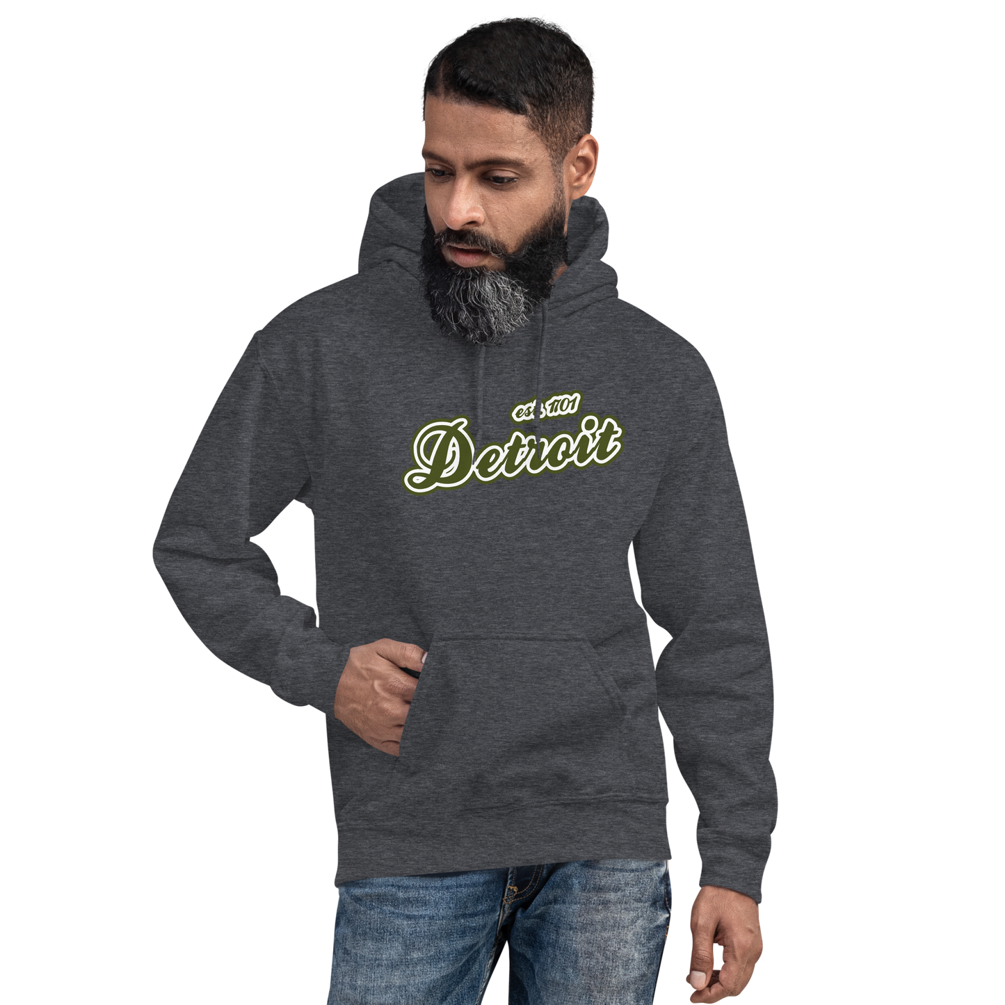 'Detroit EST. 1701' Hoodie (Army Green Script Font) | Unisex Standard