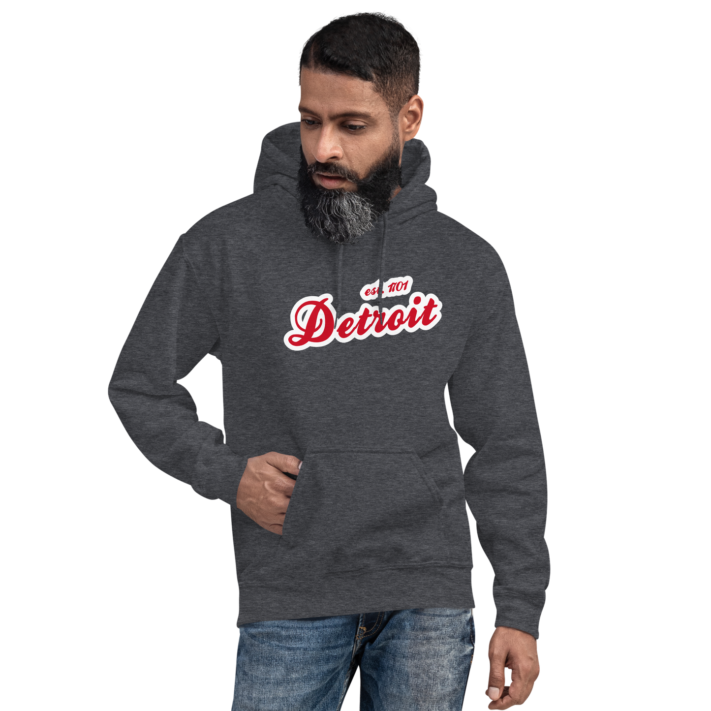 'Detroit EST. 1701' Hoodie (Aliform Red Script Font) | Unisex Standard