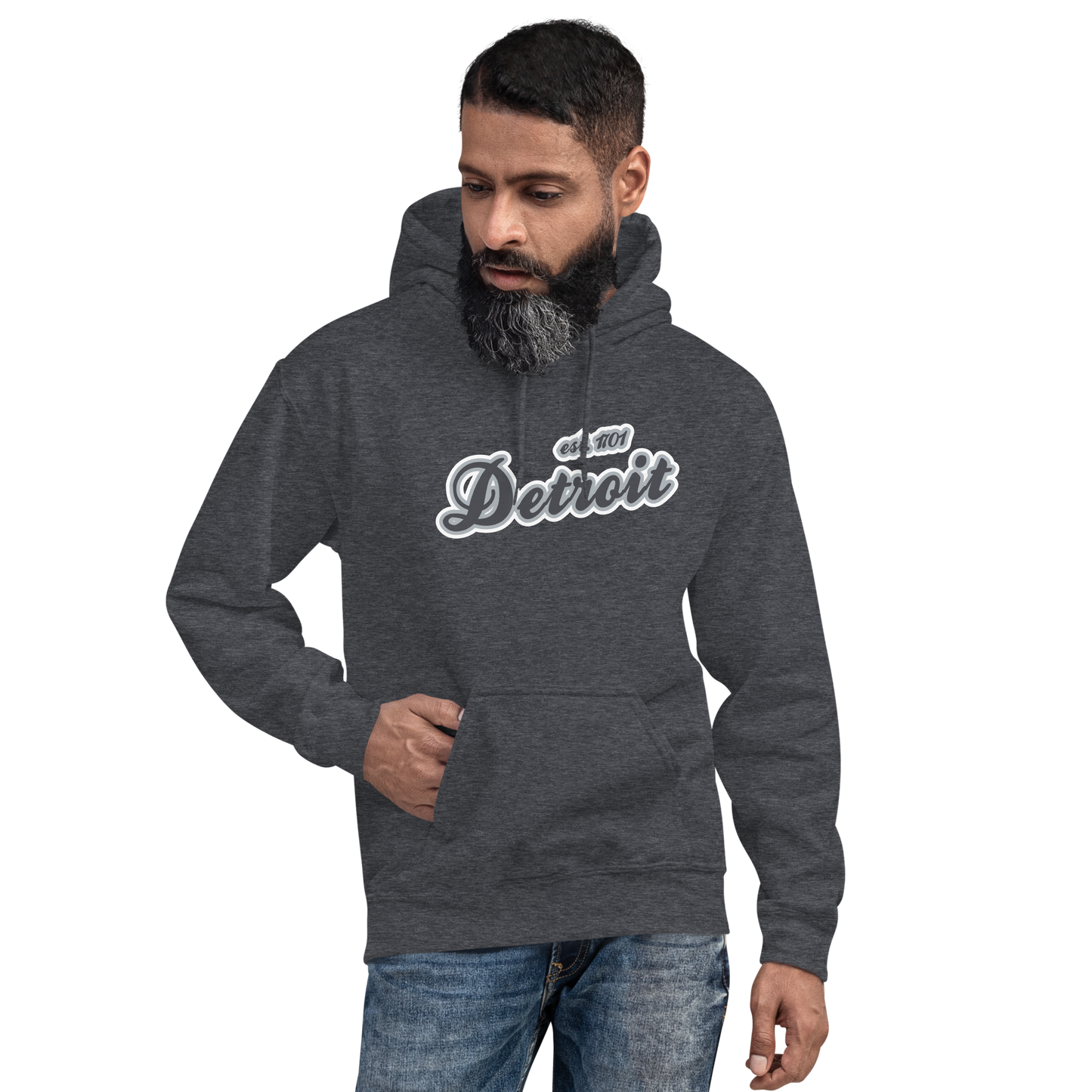 'Detroit EST. 1701' Hoodie (Iron Ore Grey Script Font) | Unisex Standard