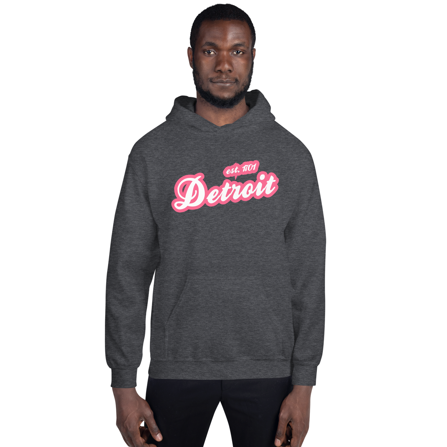 'Detroit EST. 1701' Hoodie (Rhodochrosite Pink Script Font) | Unisex Standard