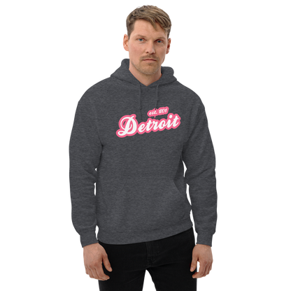 'Detroit EST. 1701' Hoodie (Rhodochrosite Pink Script Font) | Unisex Standard