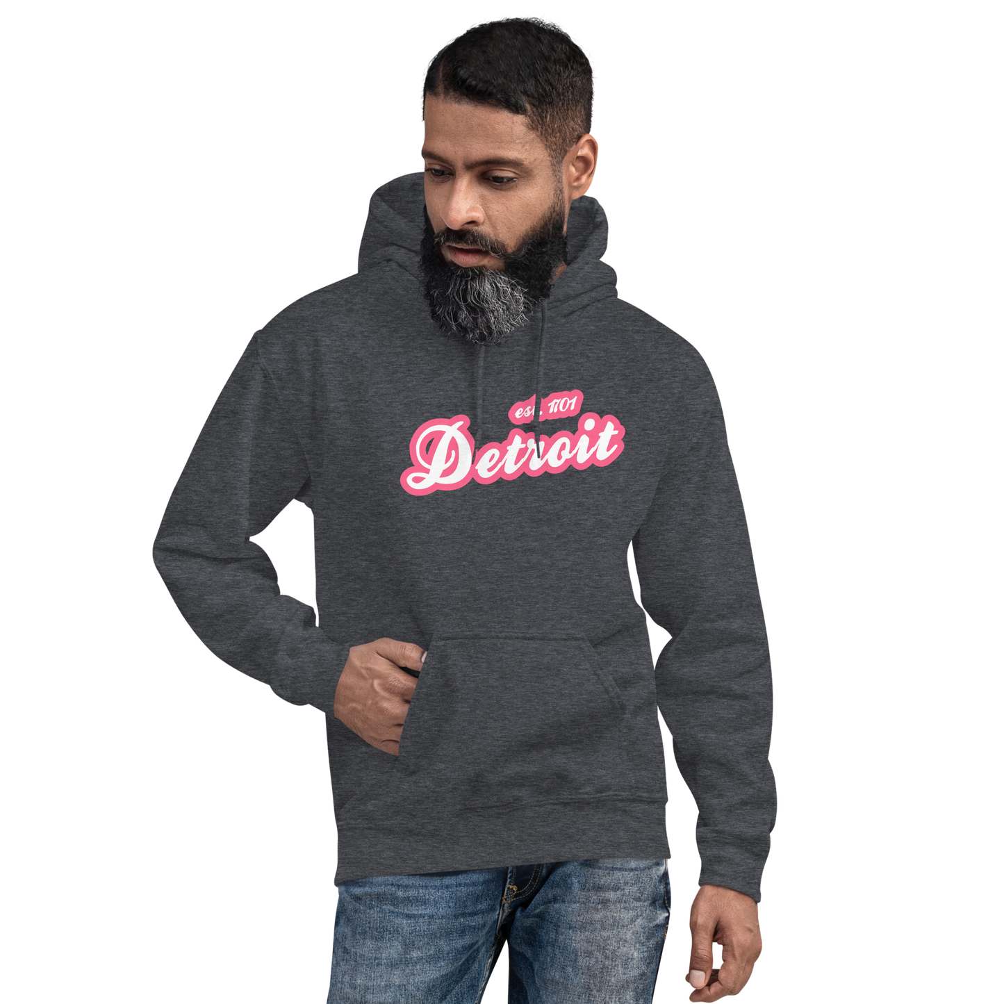 'Detroit EST. 1701' Hoodie (Rhodochrosite Pink Script Font) | Unisex Standard