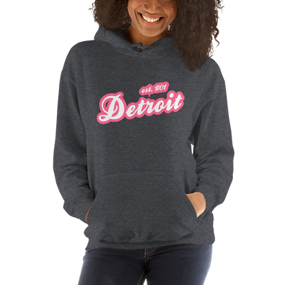 'Detroit EST. 1701' Hoodie (Rhodochrosite Pink Script Font) | Unisex Standard