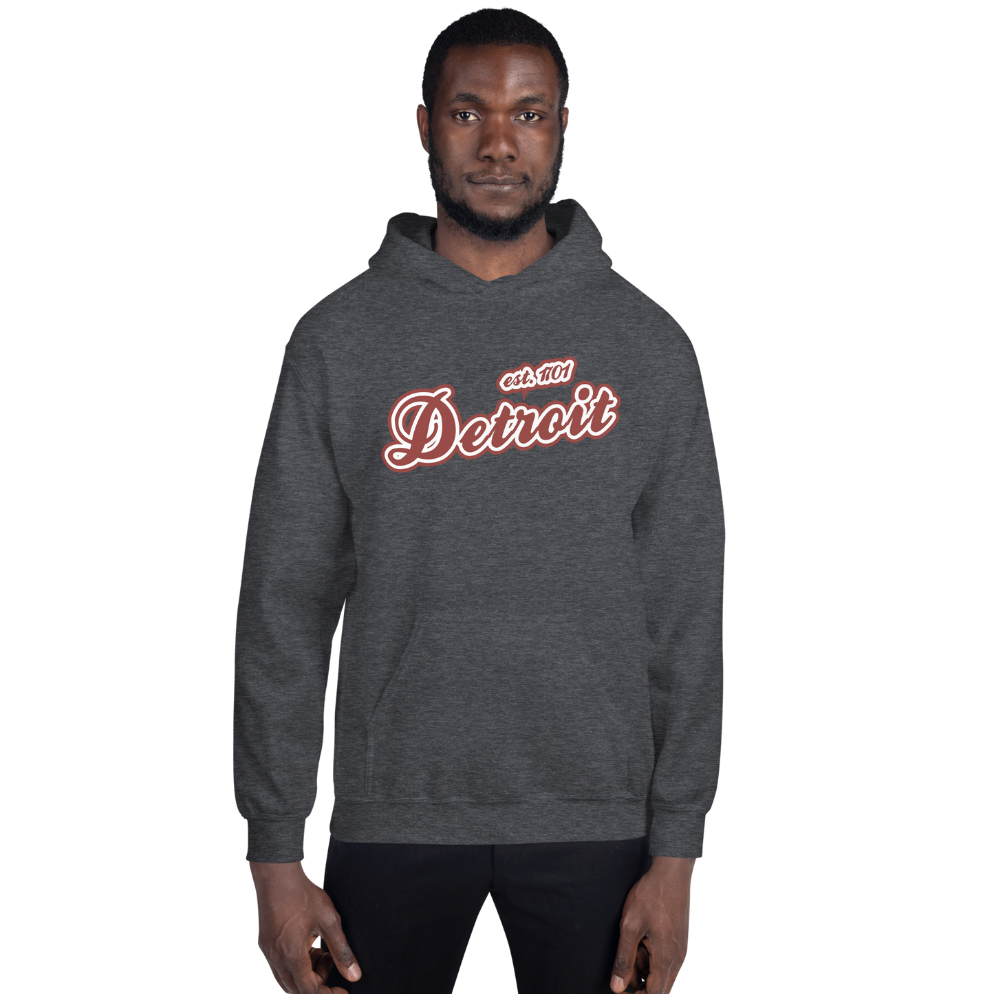 'Detroit EST. 1701' Hoodie (Ore Dock Red Script Font) | Unisex Standard