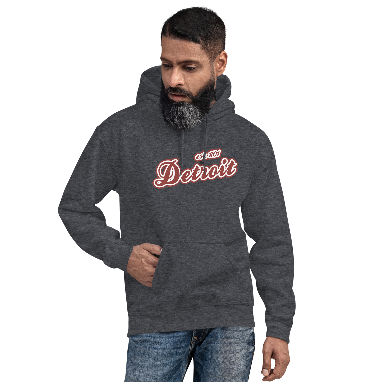 'Detroit EST. 1701' Hoodie (Ore Dock Red Script Font) | Unisex Standard