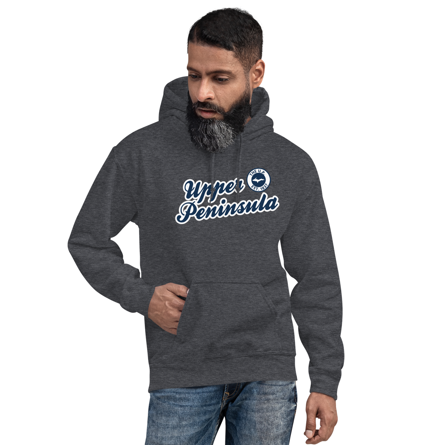 'Upper Peninsula EST. 1837' Hoodie (Navy Script Font) | Unisex Standard