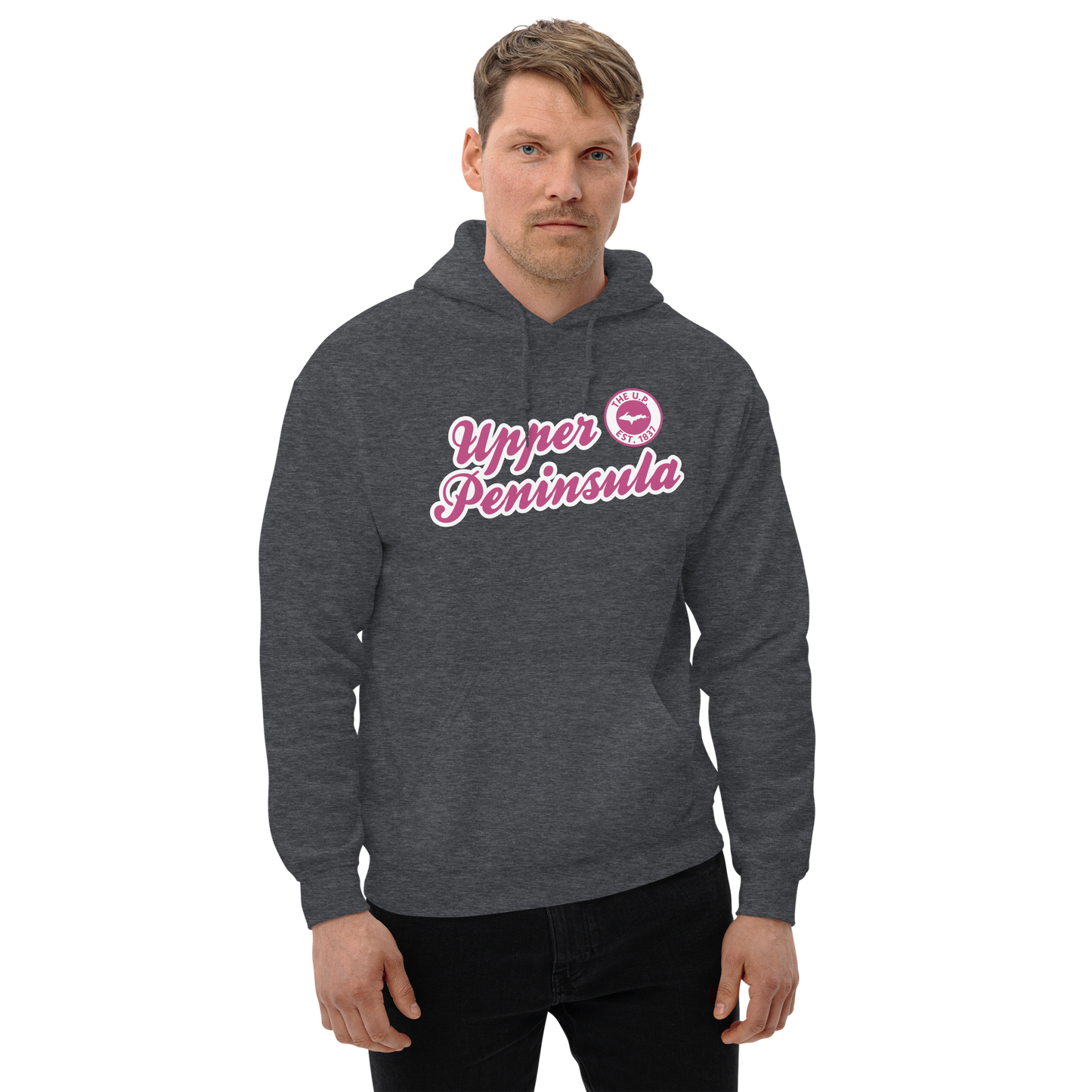 'Upper Peninsula EST. 1837' Hoodie (Apple Blossom Pink Script Font) | Unisex Standard