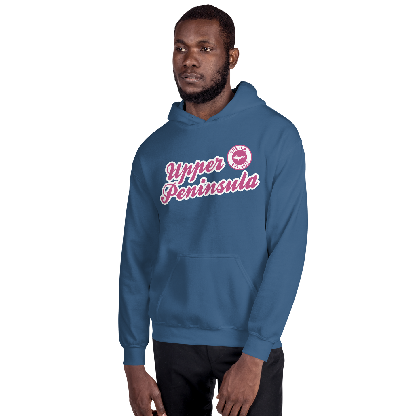 'Upper Peninsula EST. 1837' Hoodie (Apple Blossom Pink Script Font) | Unisex Standard