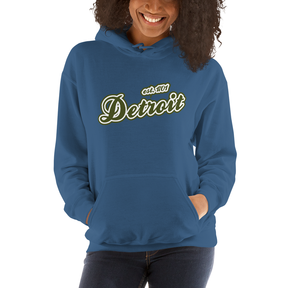 'Detroit EST. 1701' Hoodie (Army Green Script Font) | Unisex Standard