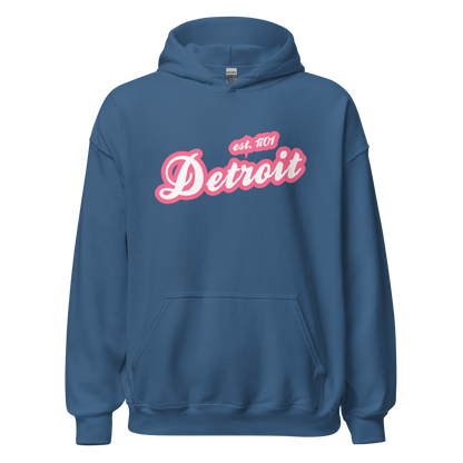 'Detroit EST. 1701' Hoodie (Rhodochrosite Pink Script Font) | Unisex Standard