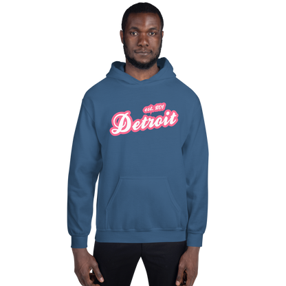 'Detroit EST. 1701' Hoodie (Rhodochrosite Pink Script Font) | Unisex Standard