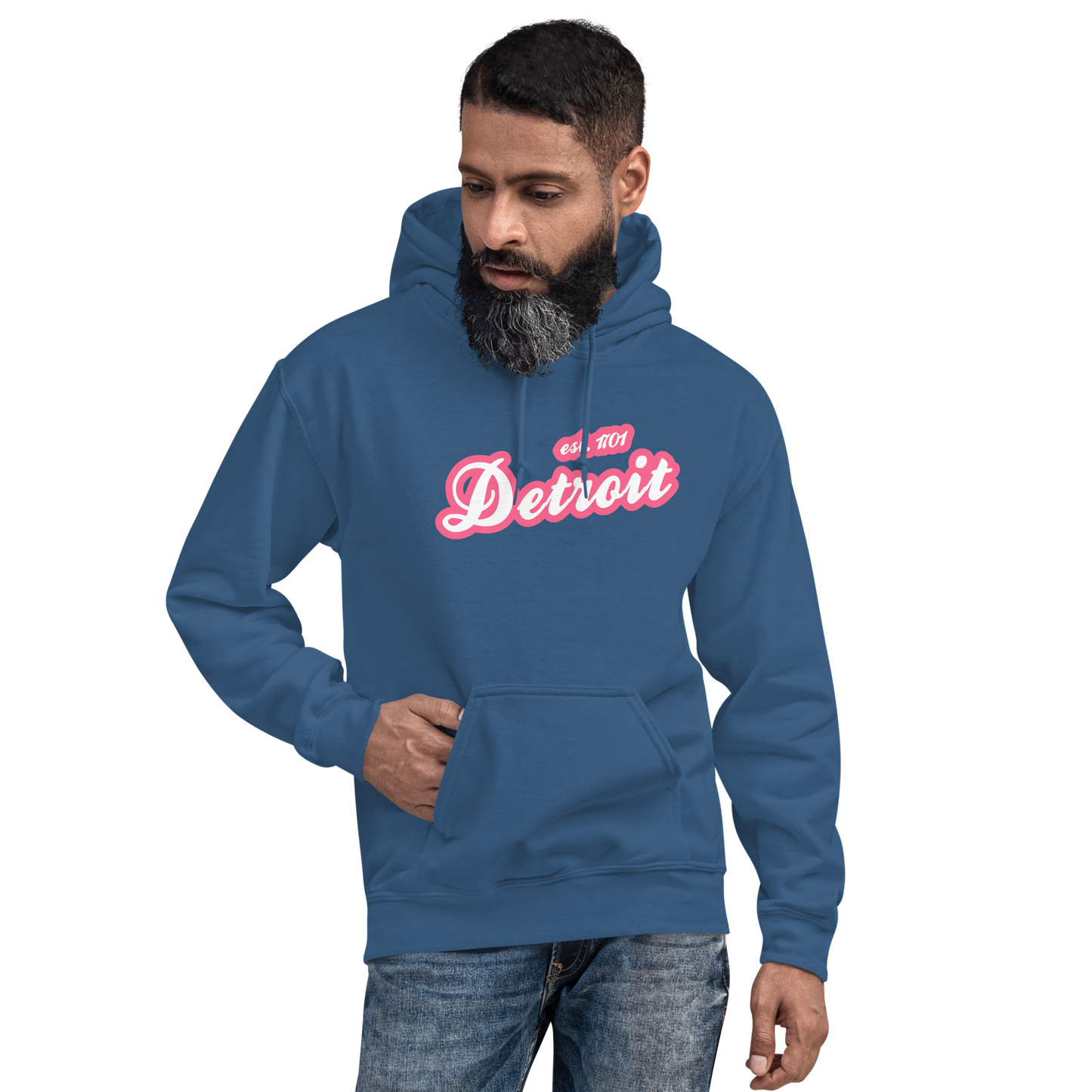 'Detroit EST. 1701' Hoodie (Rhodochrosite Pink Script Font) | Unisex Standard