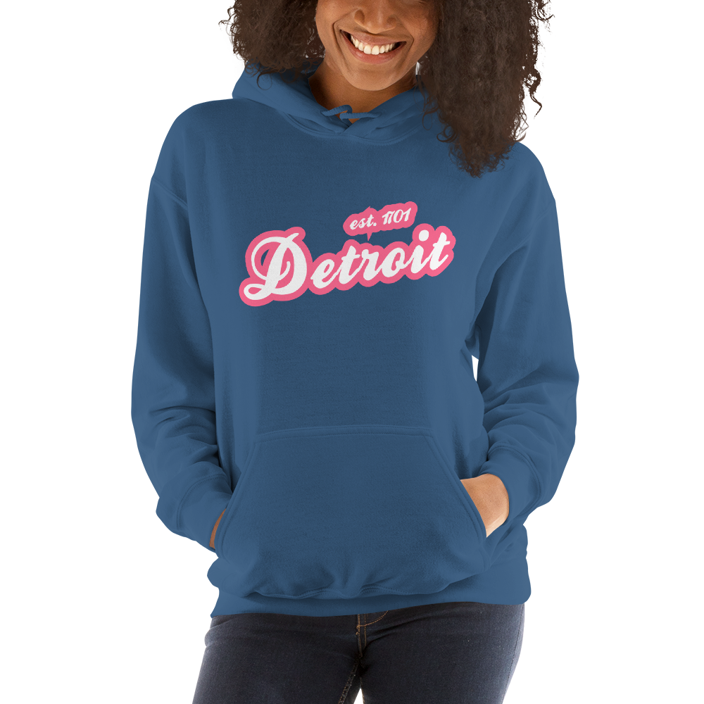 'Detroit EST. 1701' Hoodie (Rhodochrosite Pink Script Font) | Unisex Standard