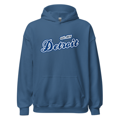 'Detroit EST. 1701' Hoodie (Dearborn Blue Script Font) | Unisex Standard