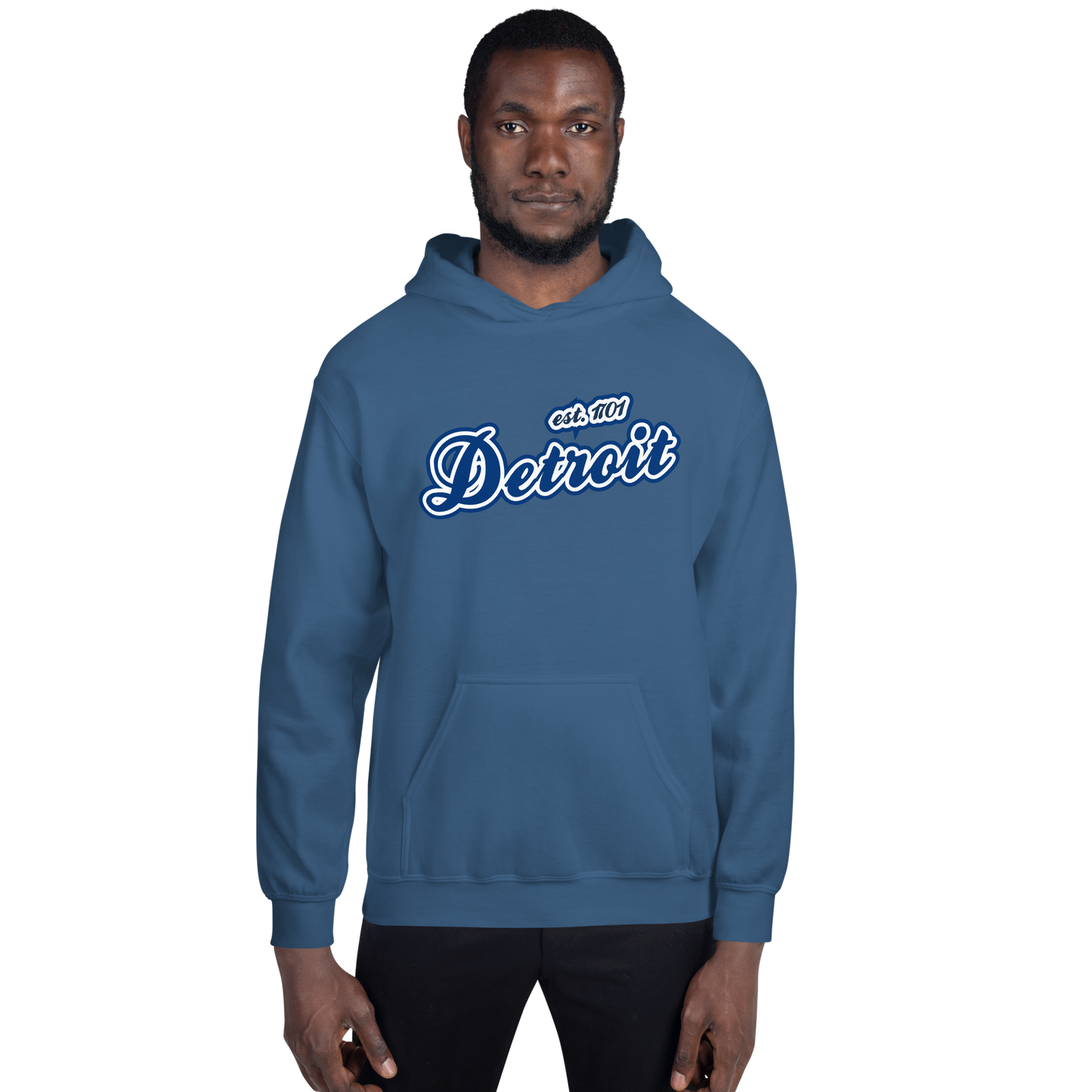 'Detroit EST. 1701' Hoodie (Dearborn Blue Script Font) | Unisex Standard