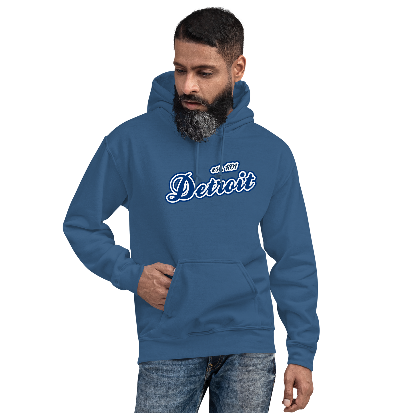 'Detroit EST. 1701' Hoodie (Dearborn Blue Script Font) | Unisex Standard