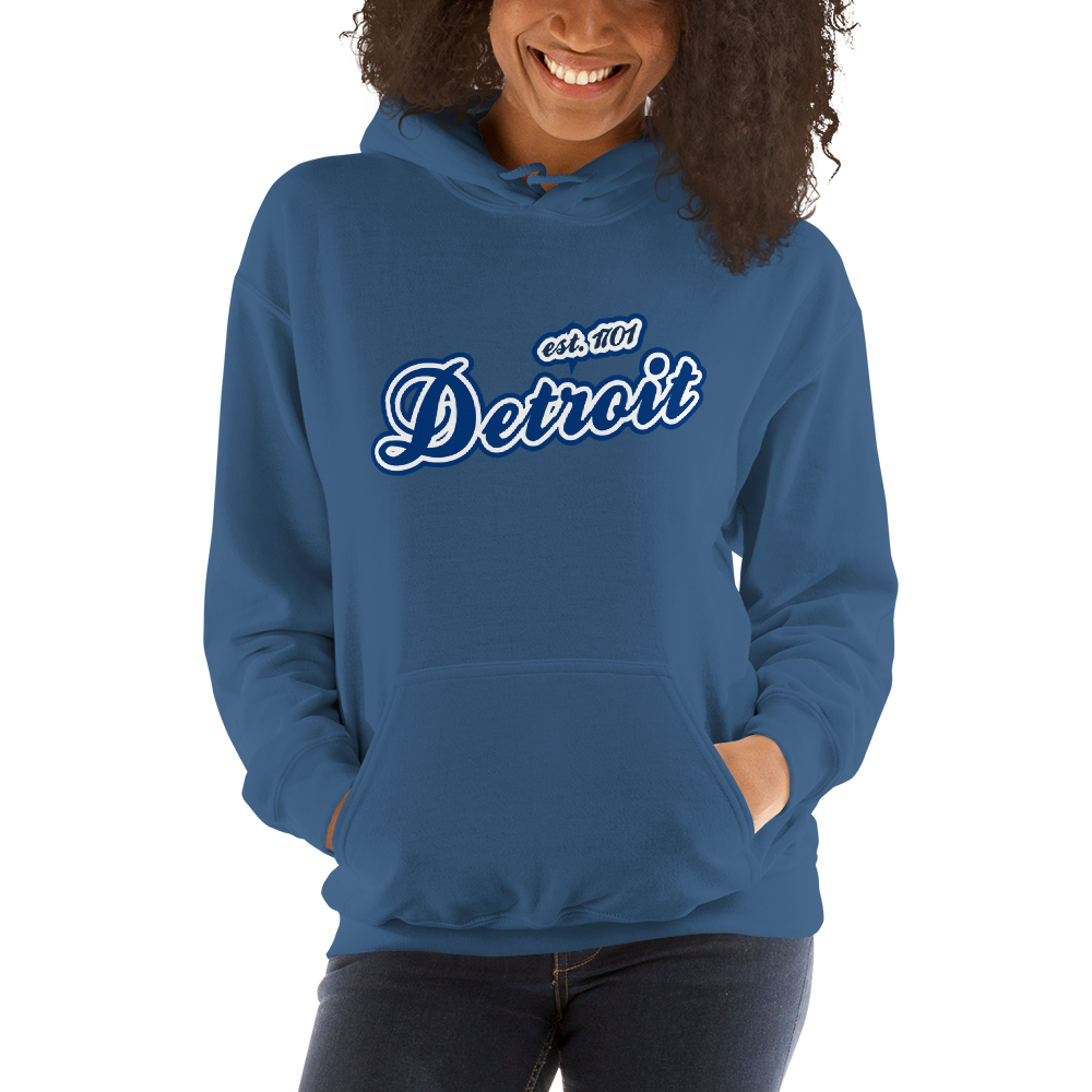 'Detroit EST. 1701' Hoodie (Dearborn Blue Script Font) | Unisex Standard