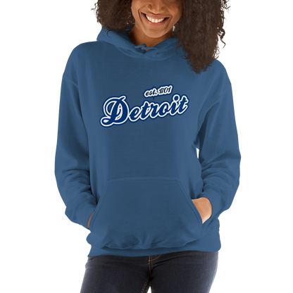 'Detroit EST. 1701' Hoodie (Dearborn Blue Script Font) | Unisex Standard