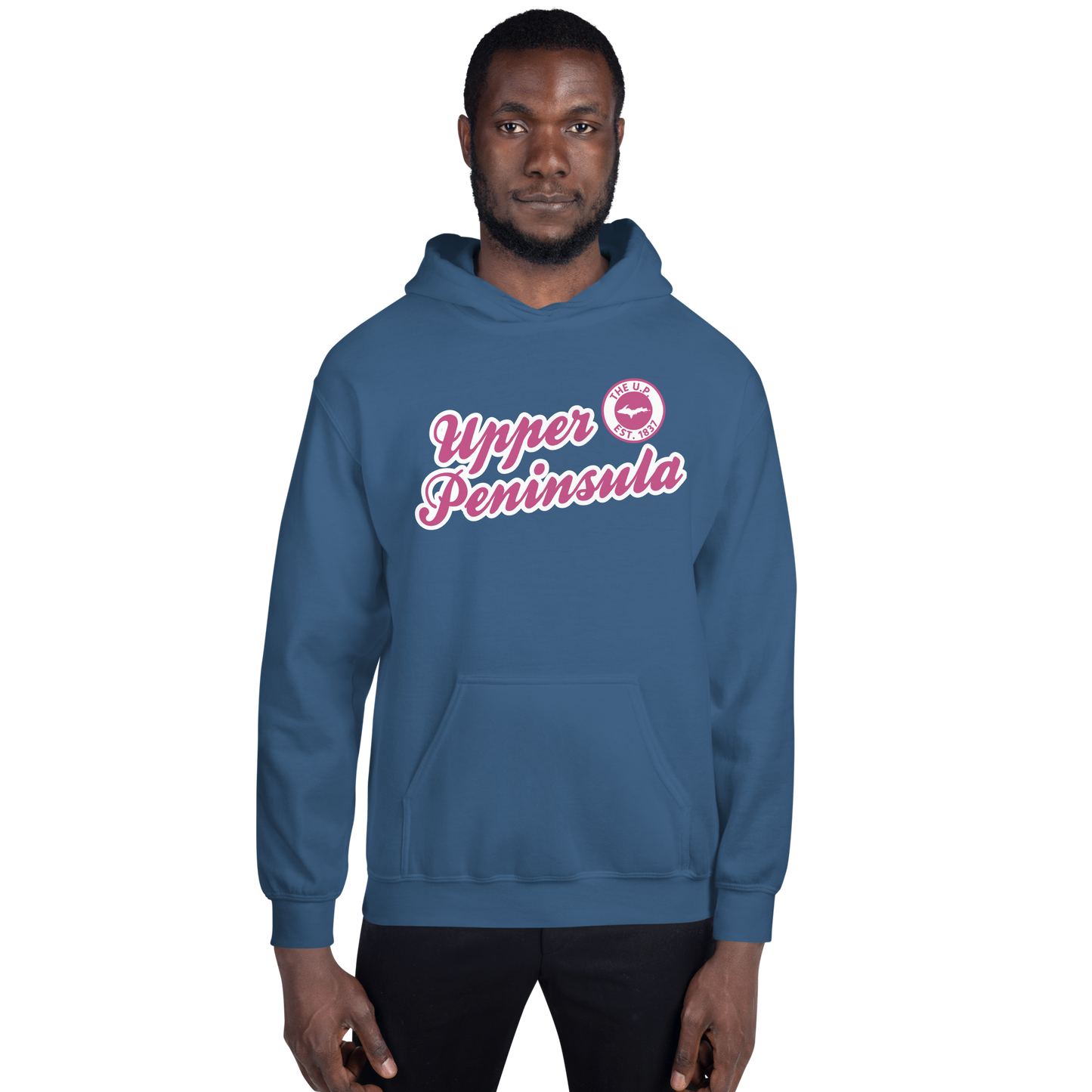 'Upper Peninsula EST. 1837' Hoodie (Apple Blossom Pink Script Font) | Unisex Standard