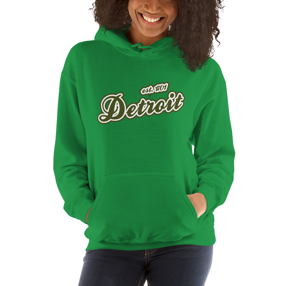 'Detroit EST. 1701' Hoodie (Army Green Script Font) | Unisex Standard