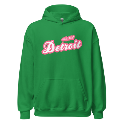 'Detroit EST. 1701' Hoodie (Rhodochrosite Pink Script Font) | Unisex Standard