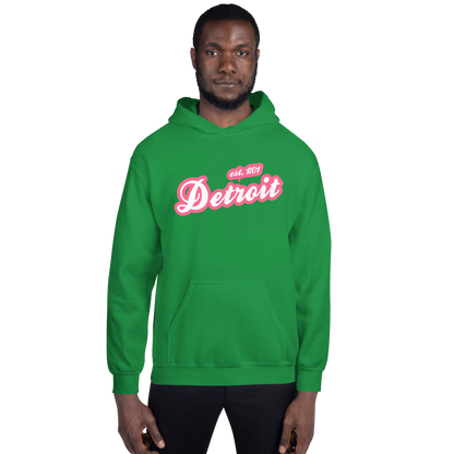 'Detroit EST. 1701' Hoodie (Rhodochrosite Pink Script Font) | Unisex Standard