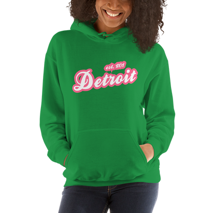 'Detroit EST. 1701' Hoodie (Rhodochrosite Pink Script Font) | Unisex Standard