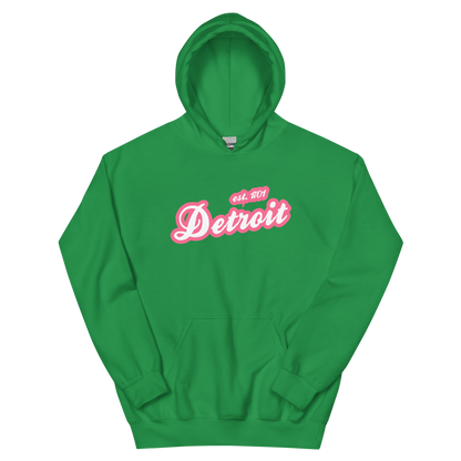 'Detroit EST. 1701' Hoodie (Rhodochrosite Pink Script Font) | Unisex Standard