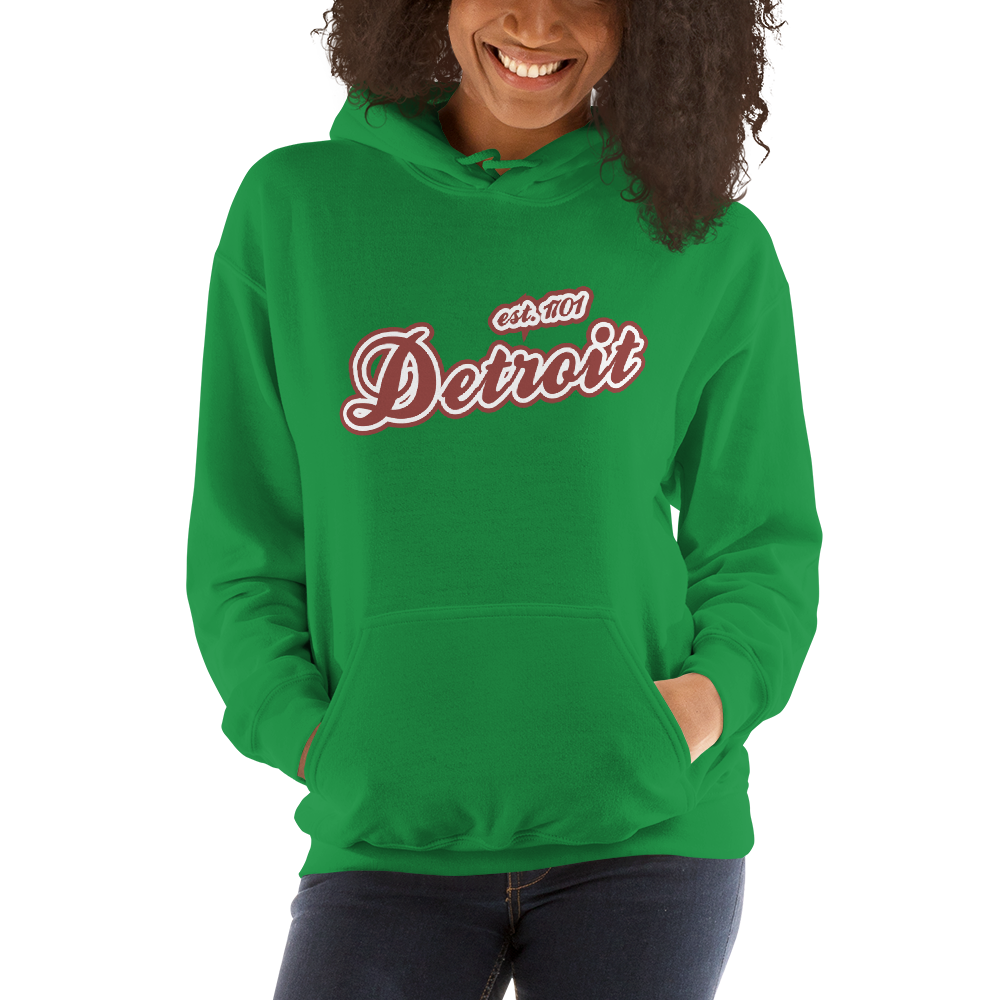 'Detroit EST. 1701' Hoodie (Ore Dock Red Script Font) | Unisex Standard