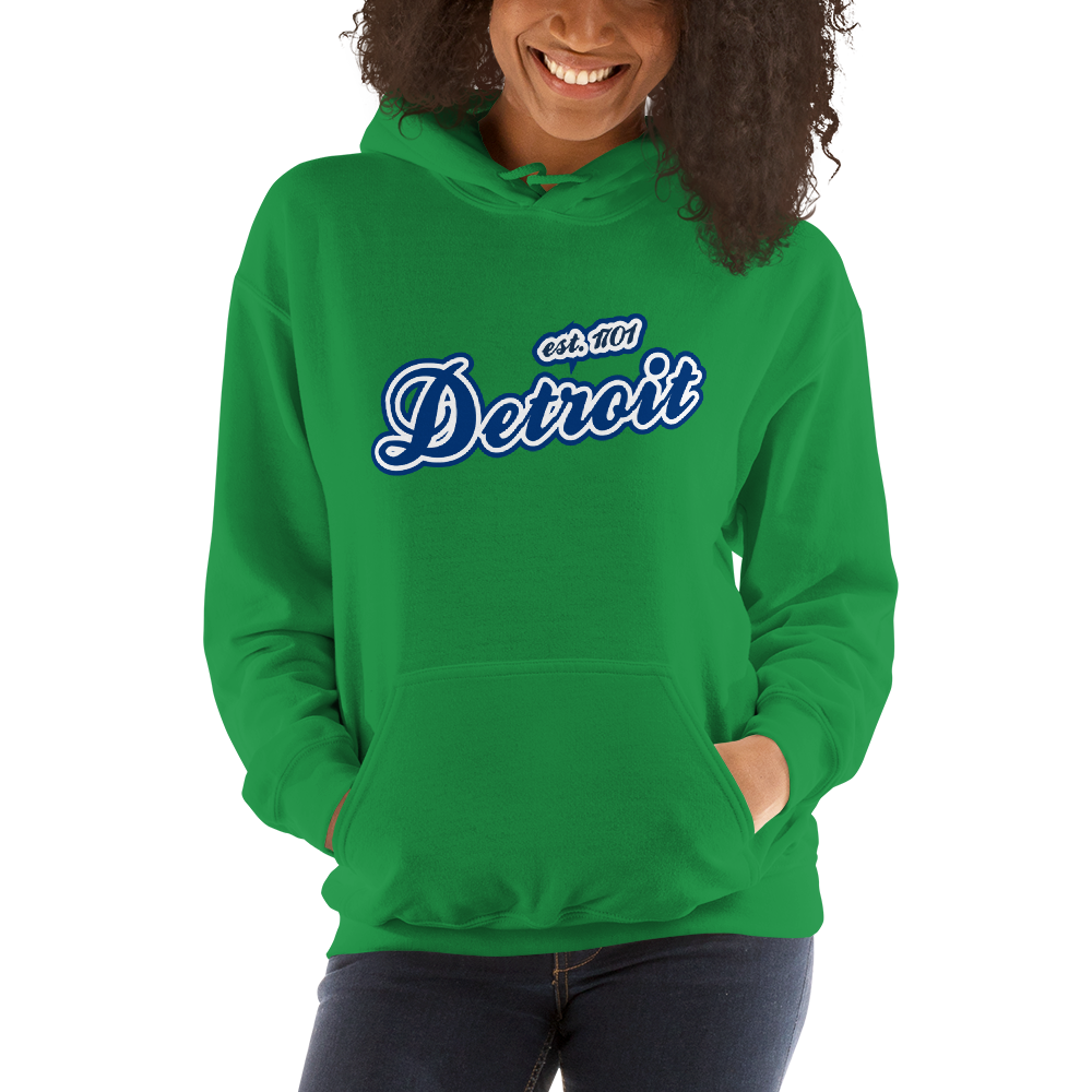 'Detroit EST. 1701' Hoodie (Dearborn Blue Script Font) | Unisex Standard