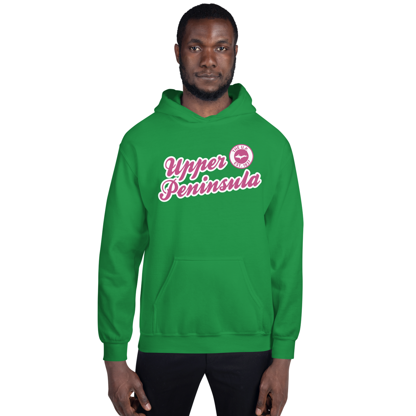 'Upper Peninsula EST. 1837' Hoodie (Apple Blossom Pink Script Font) | Unisex Standard