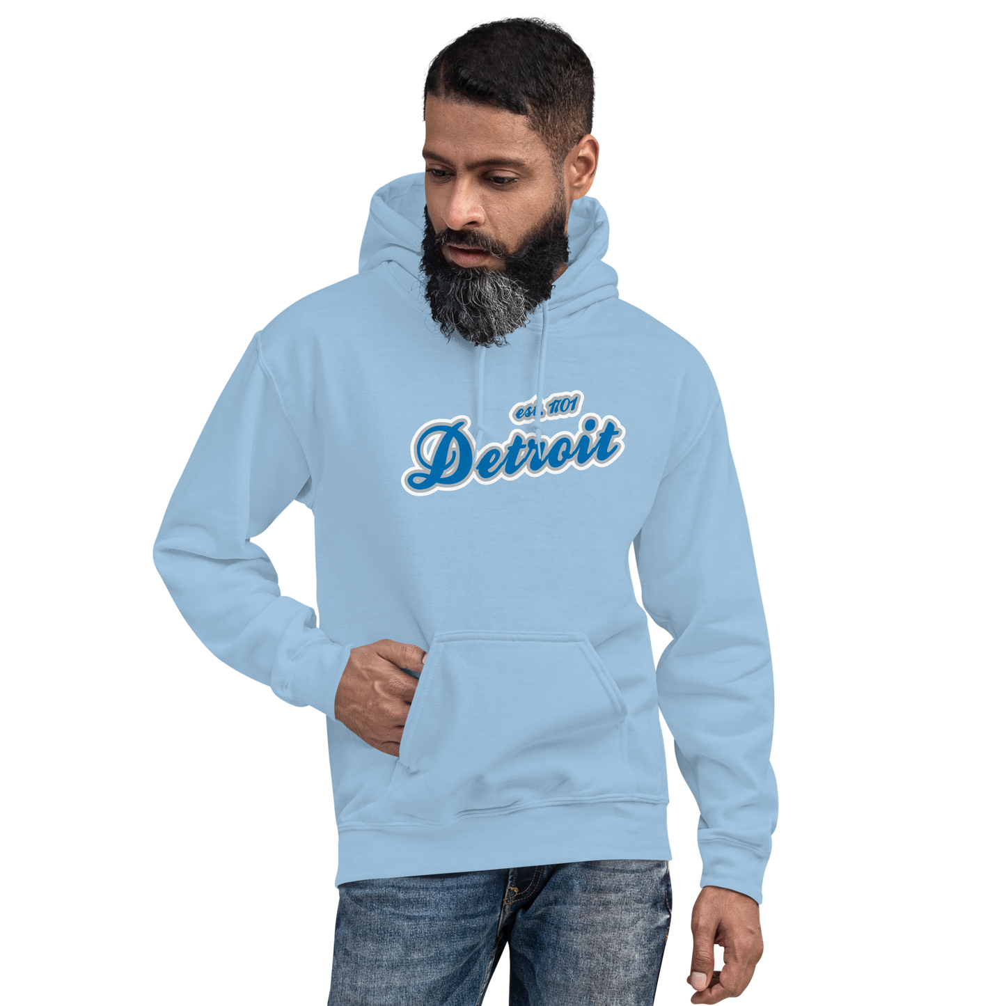 'Detroit EST. 1701' Hoodie (Azure Script Font) | Unisex Standard