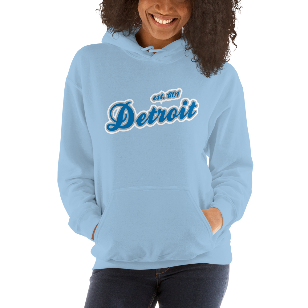 'Detroit EST. 1701' Hoodie (Azure Script Font) | Unisex Standard