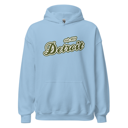 'Detroit EST. 1701' Hoodie (Army Green Script Font) | Unisex Standard