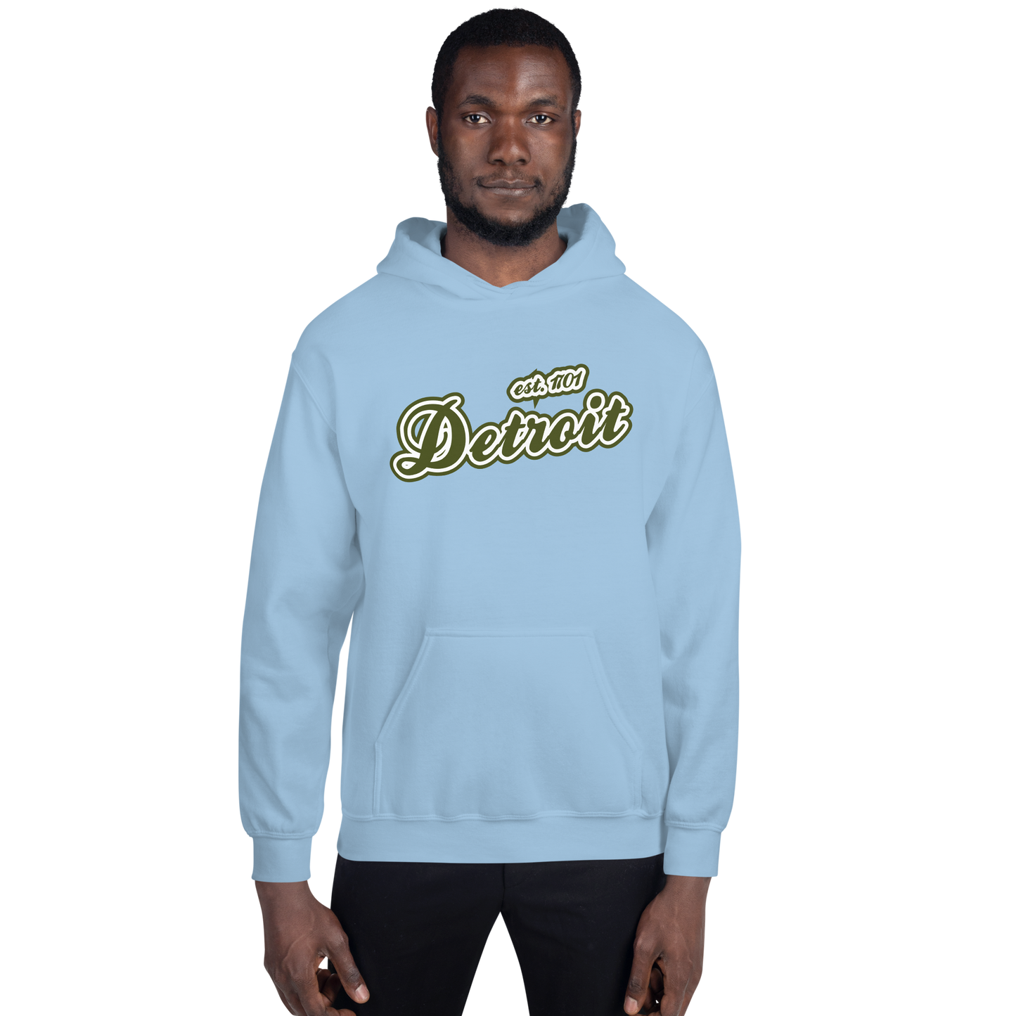 'Detroit EST. 1701' Hoodie (Army Green Script Font) | Unisex Standard