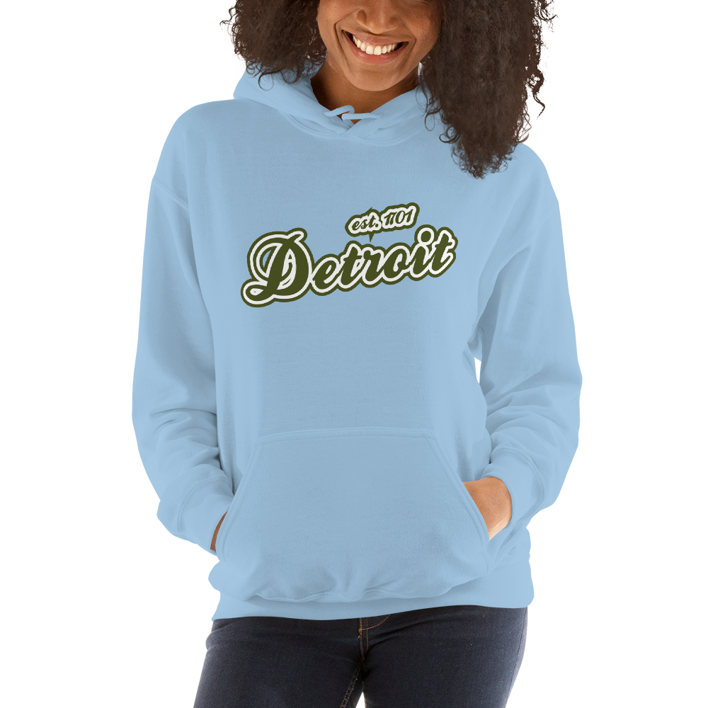 'Detroit EST. 1701' Hoodie (Army Green Script Font) | Unisex Standard