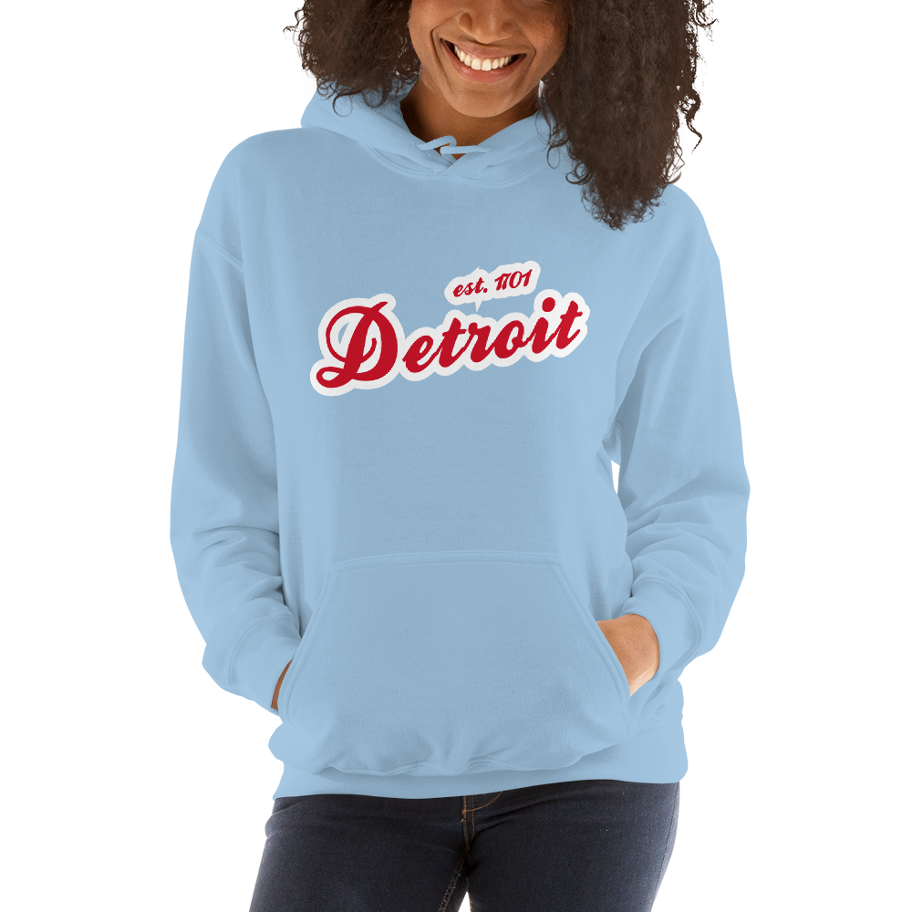 'Detroit EST. 1701' Hoodie (Aliform Red Script Font) | Unisex Standard