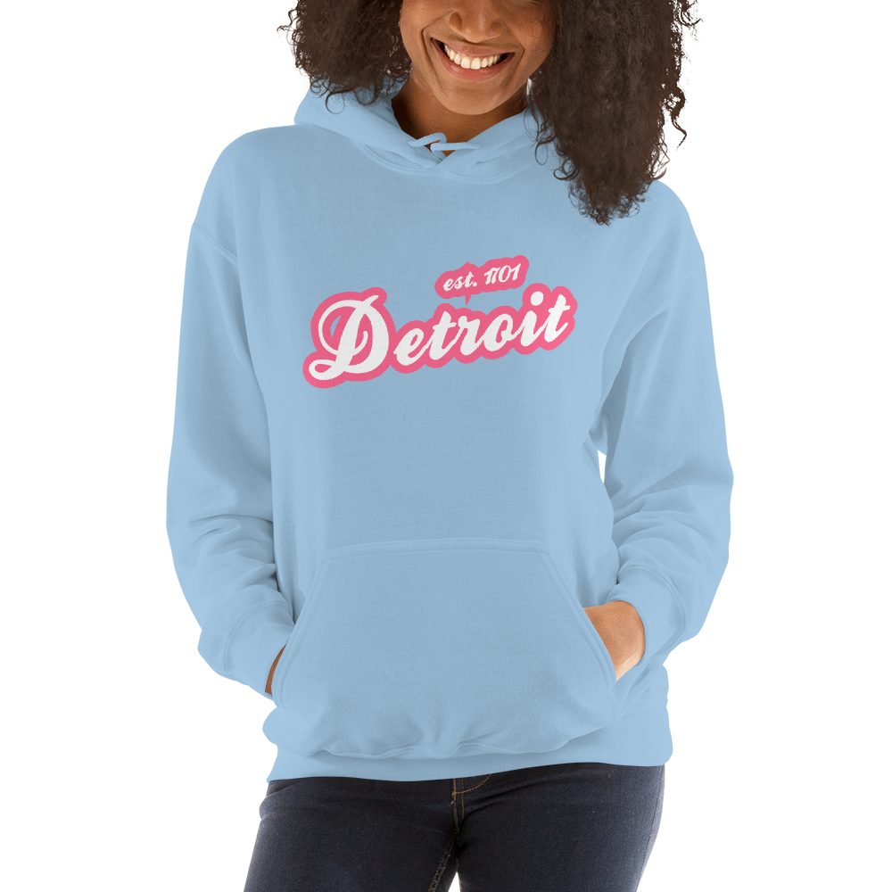 'Detroit EST. 1701' Hoodie (Rhodochrosite Pink Script Font) | Unisex Standard