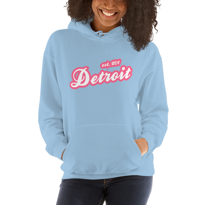 'Detroit EST. 1701' Hoodie (Rhodochrosite Pink Script Font) | Unisex Standard