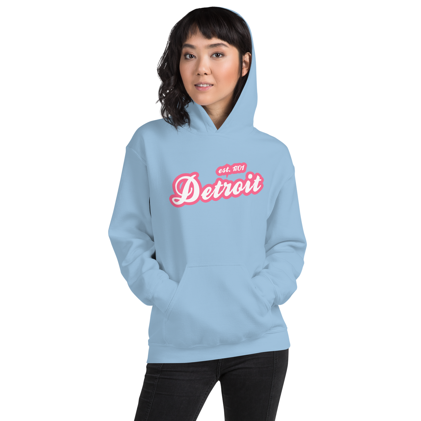 'Detroit EST. 1701' Hoodie (Rhodochrosite Pink Script Font) | Unisex Standard