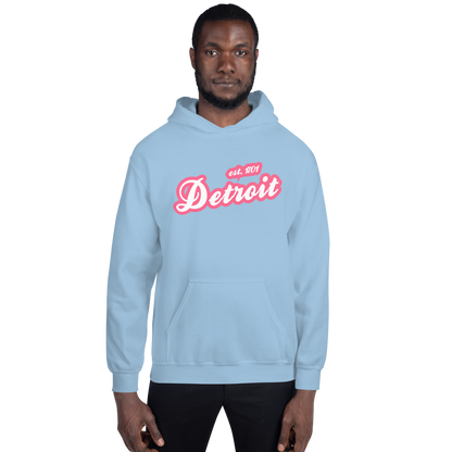 'Detroit EST. 1701' Hoodie (Rhodochrosite Pink Script Font) | Unisex Standard