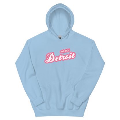 'Detroit EST. 1701' Hoodie (Rhodochrosite Pink Script Font) | Unisex Standard