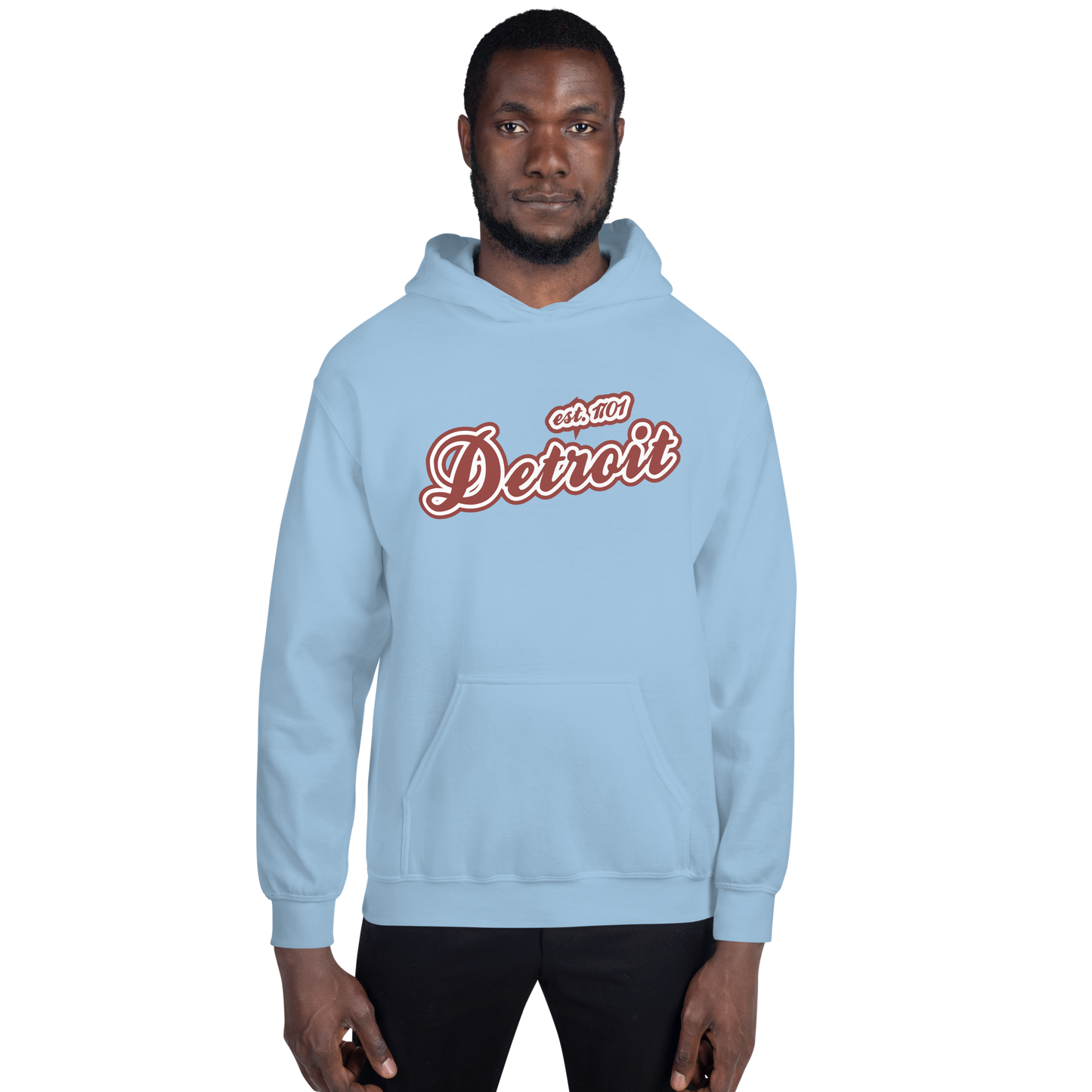 'Detroit EST. 1701' Hoodie (Ore Dock Red Script Font) | Unisex Standard