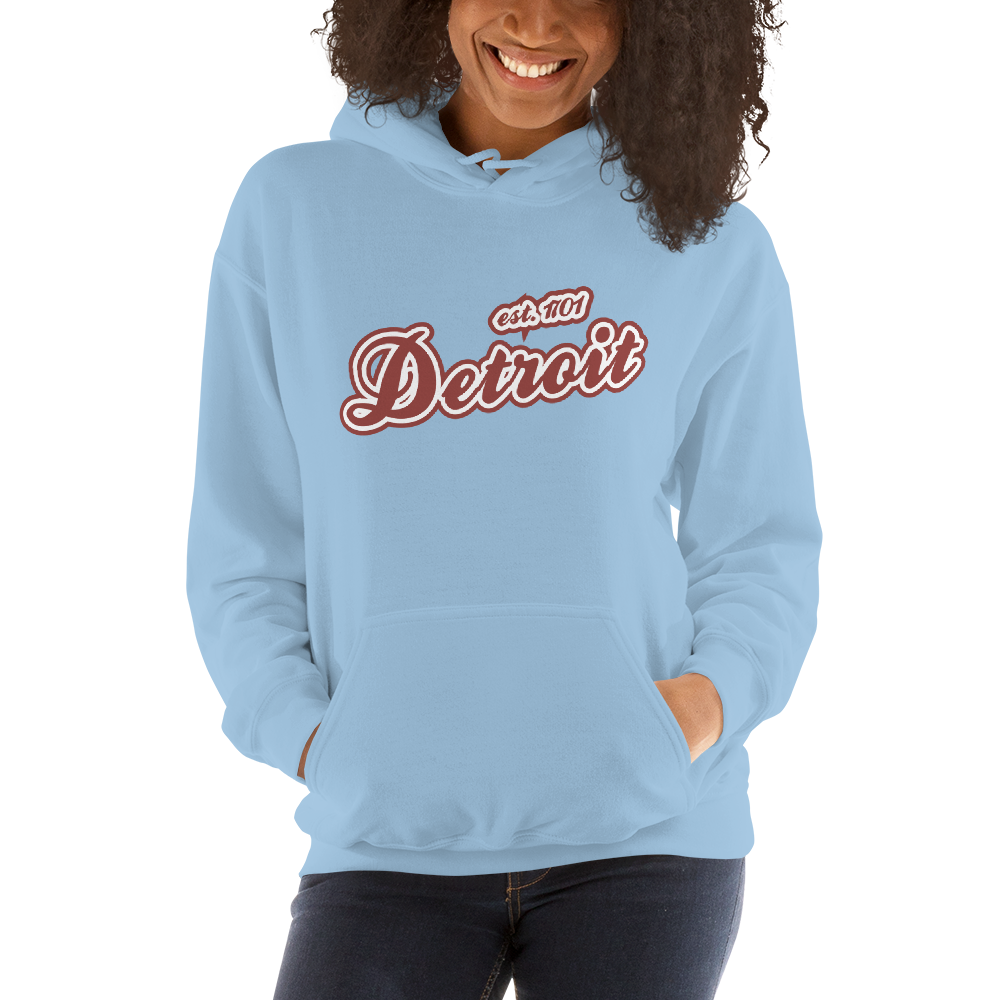 'Detroit EST. 1701' Hoodie (Ore Dock Red Script Font) | Unisex Standard