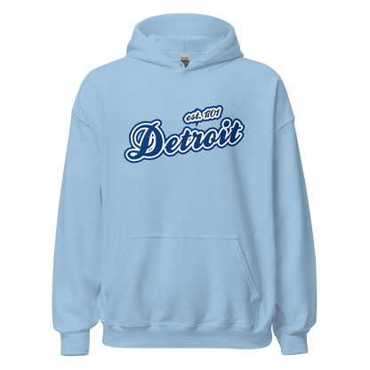 'Detroit EST. 1701' Hoodie (Dearborn Blue Script Font) | Unisex Standard