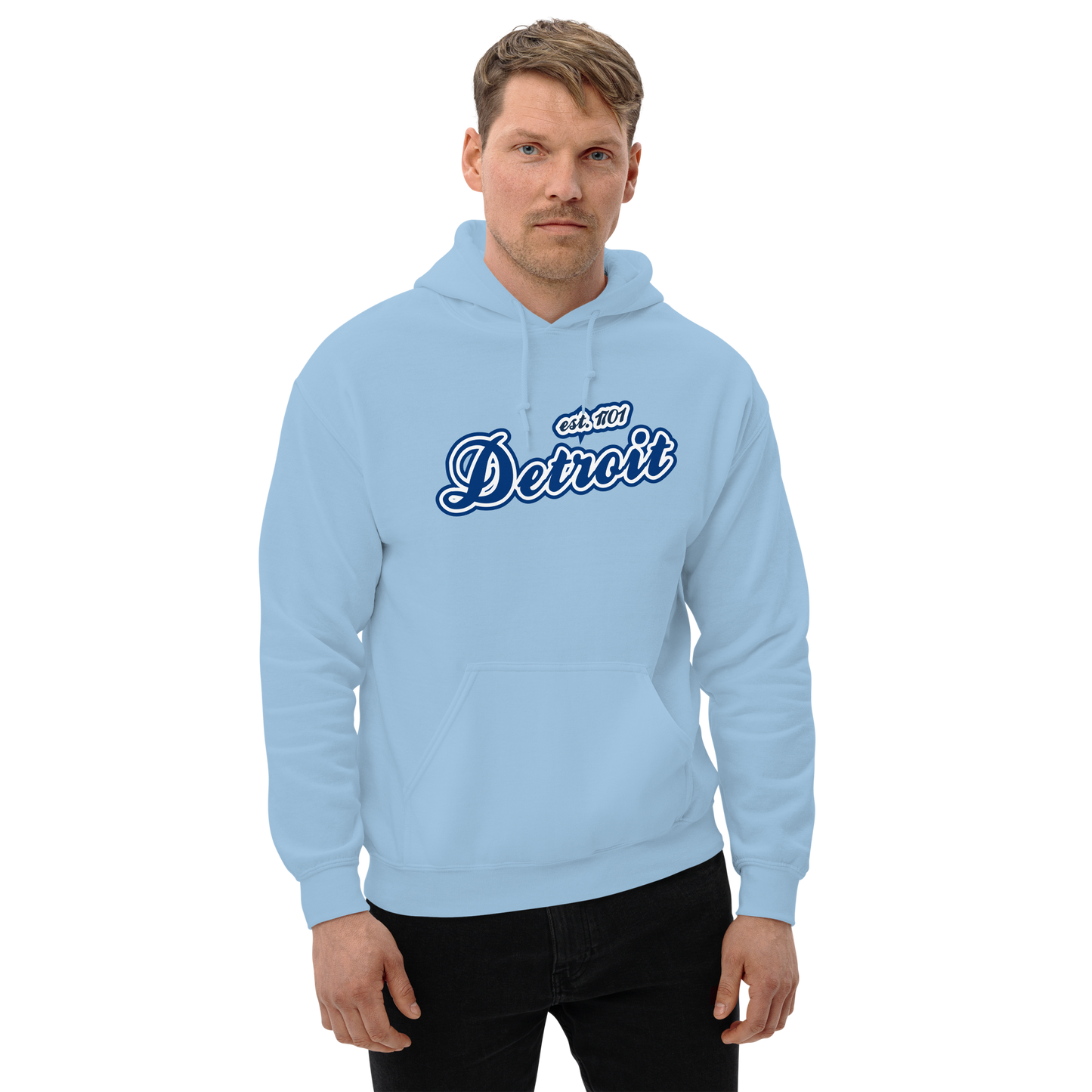 'Detroit EST. 1701' Hoodie (Dearborn Blue Script Font) | Unisex Standard